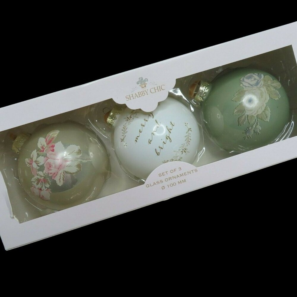 Rachel Ashwell Shabby Chic Set 3 Glass Ornaments 100 MM Rose Floral Flower NEW